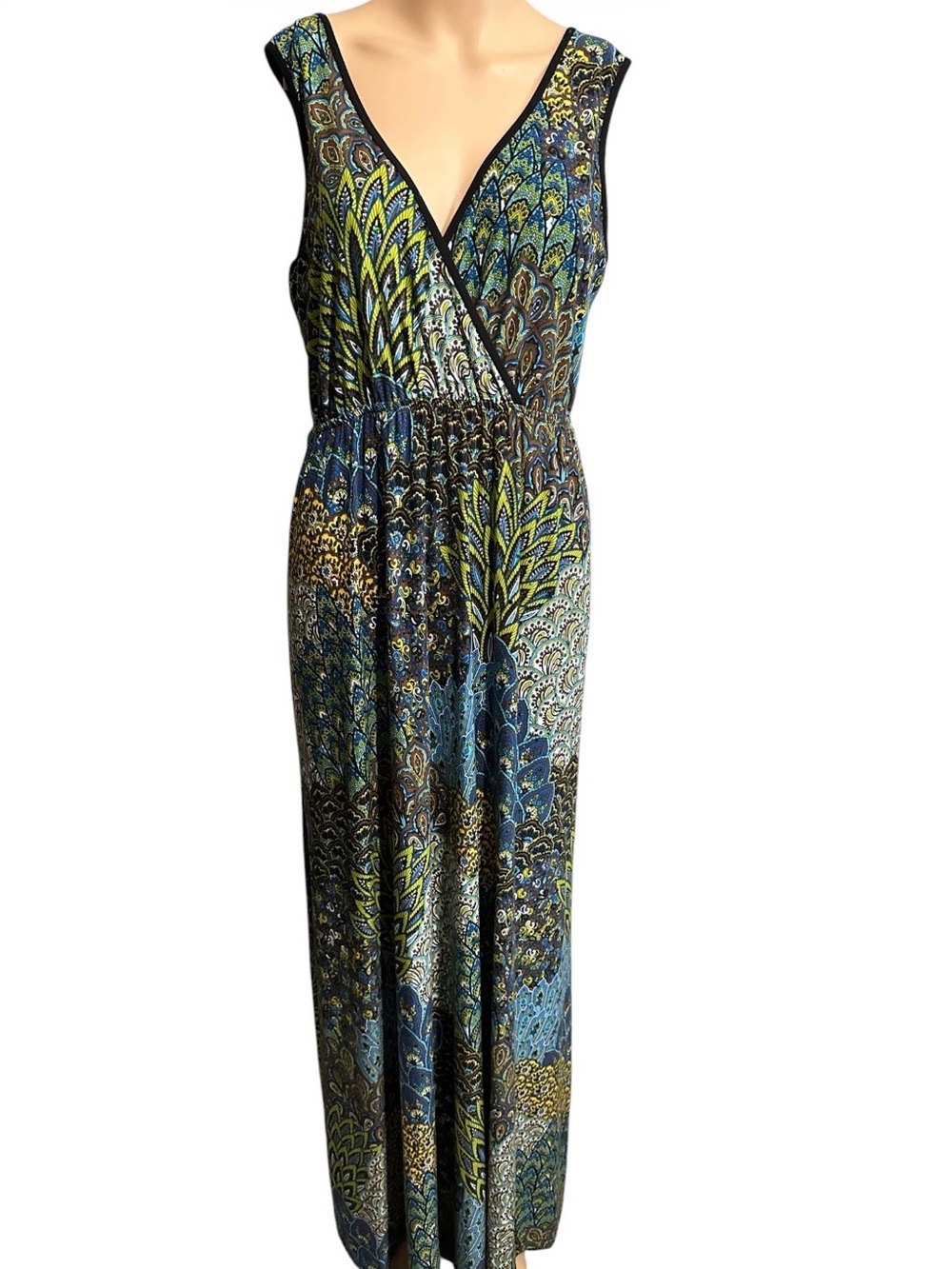 Dream Dance Sleeveless Blue & Green Printed V-Neck Maxi Dress size X-L